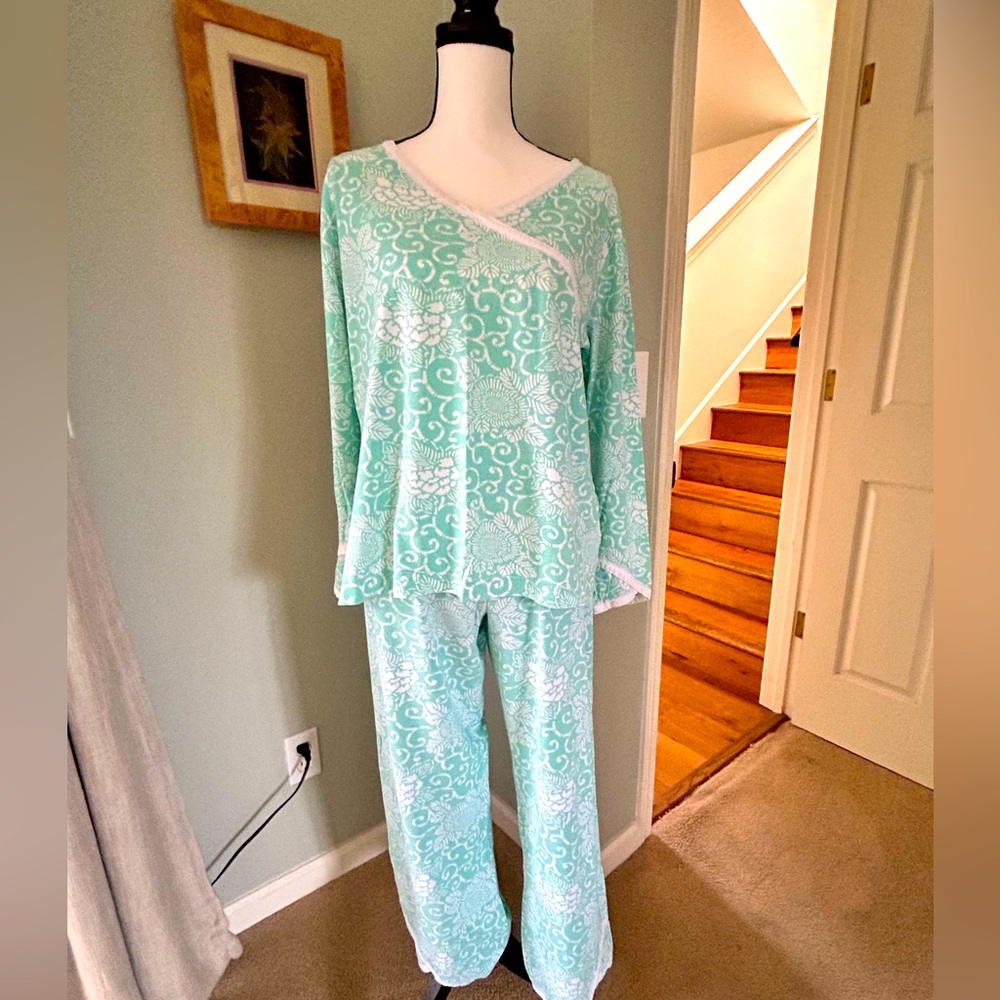 Garnet Hill Wrap Top Sea Foam Green Floral Organic Cotton Pajama Set